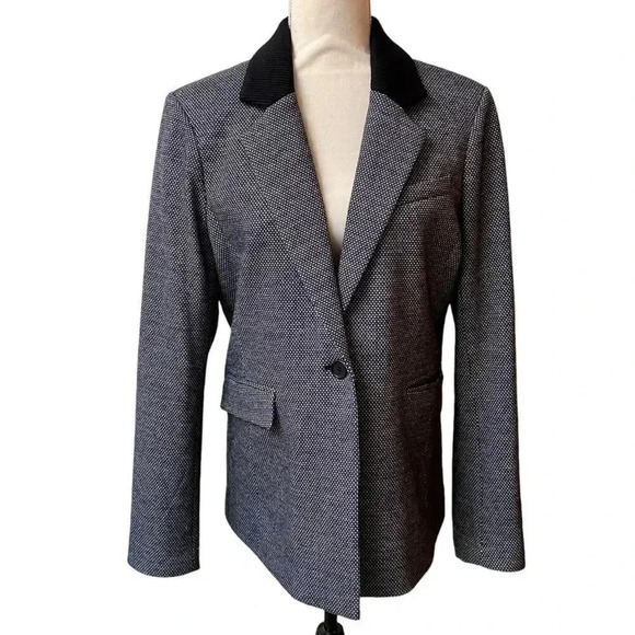 ecru Jackets & Blazers - Ecru Knit Blazer Black White Dotted Boyfriend Jacket Rib Collar Size 12
